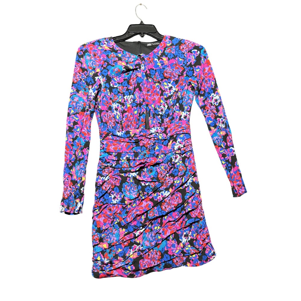 Zara Floral Ruched Mini Dress Women Medium Multicolor Excellent Ruched Keyhole